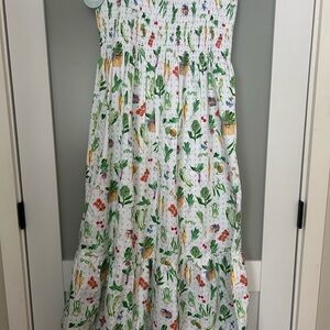 Hill House White Midi Dress with Green and Blue Vegetable Print